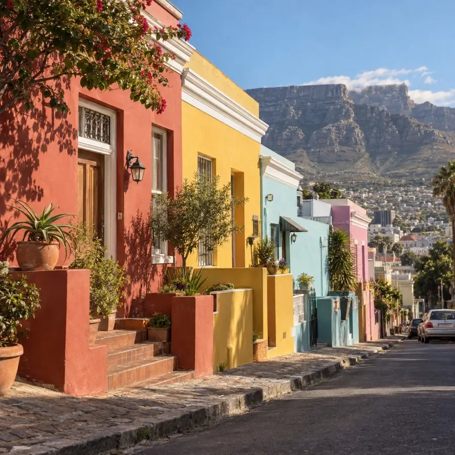 Colourful Cape Town neighbourhood beneath Table Mountain