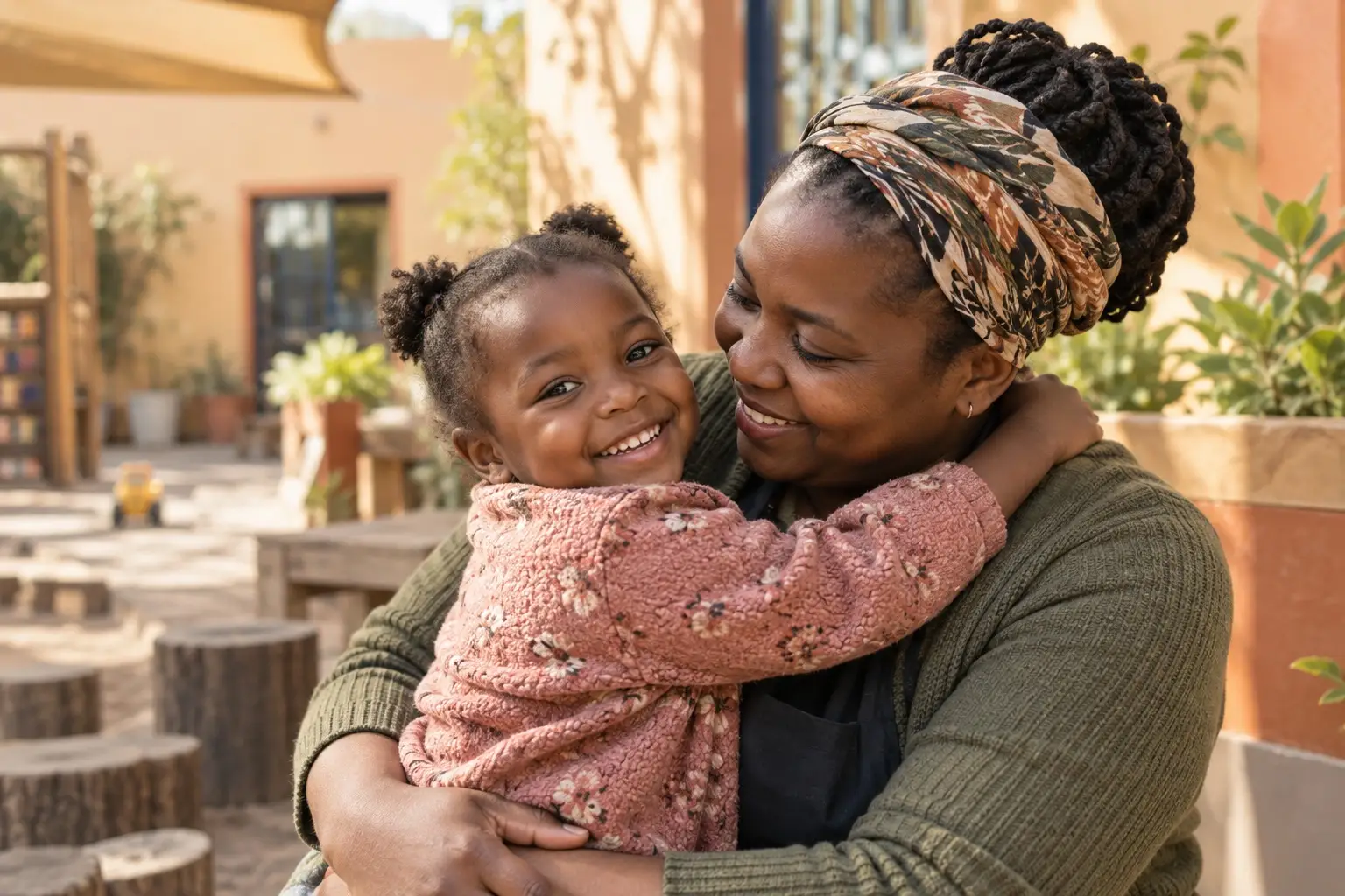 Early-childhood caregiver embracing a smiling child