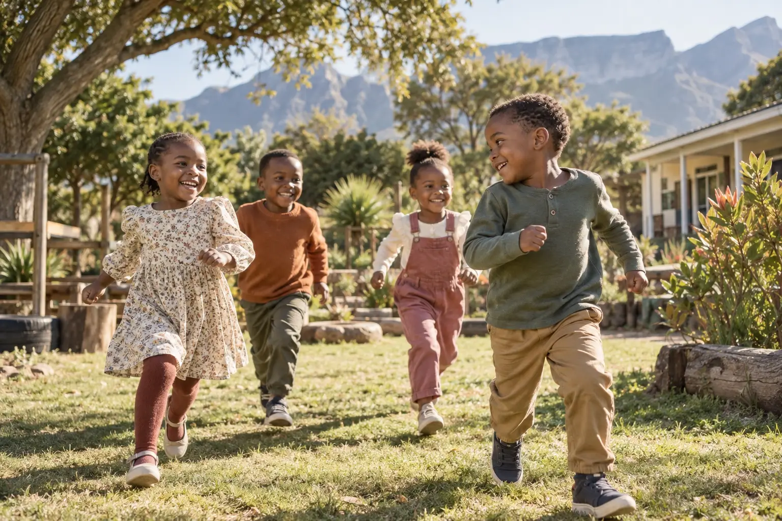 hildren running together in a Cape Town preschool garden