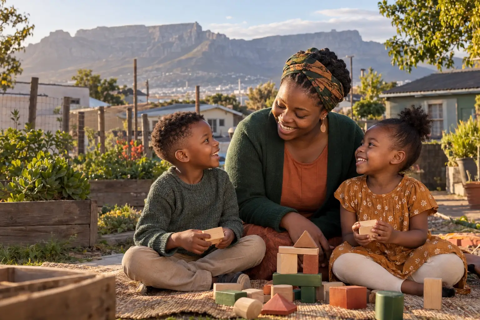 Caregiver sharing a joyful learning moment with two children in Cape Town