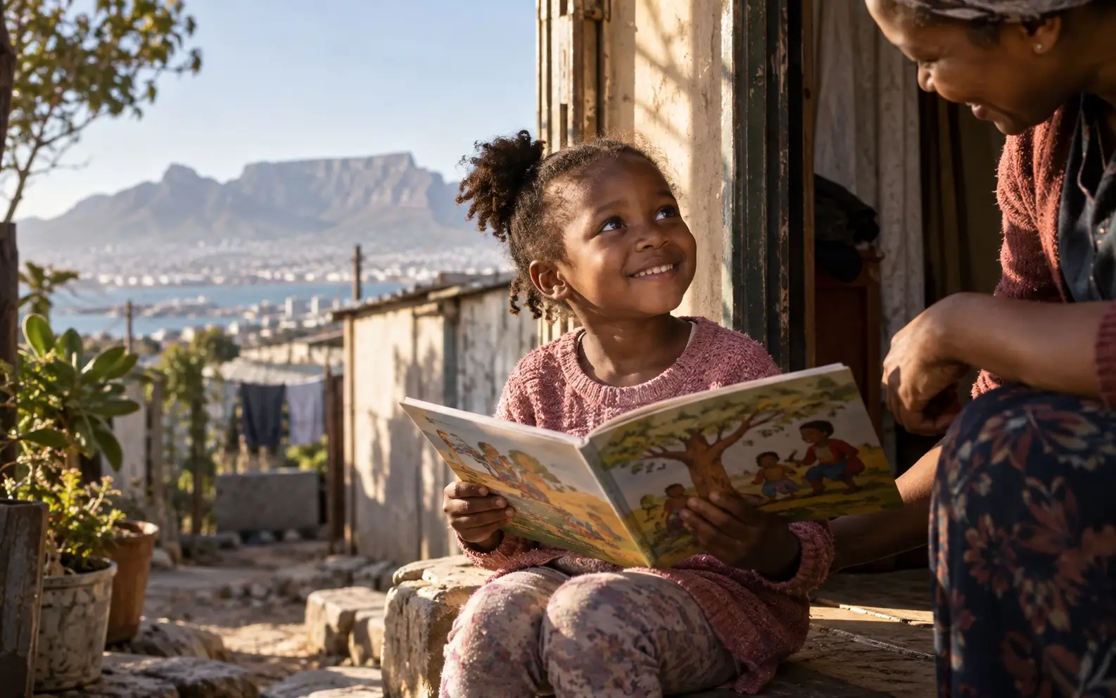 Illustrative scene of a child reading with an adult, with Table Mountain in the background